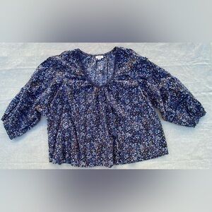 a.n.a Blue Floral Women's Top bell 3/4 sleeves with lace neckline detail